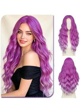 Women's Pastel Purple Long Wavy Wig 28 Inch Middle Part Heat Resistant Synthetic